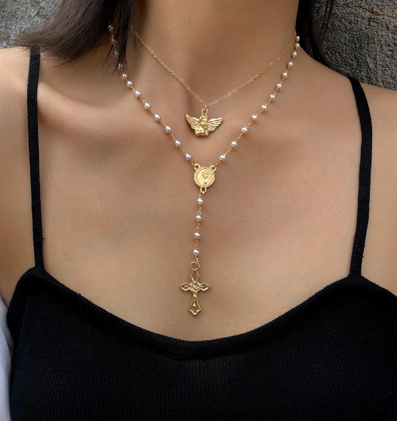 

Pendant Necklaces KingDeng Long Necklace Pendent Tassel Angle Pearl Cross Gold Chains Layered Jewlery Women Accessories Fashion Punk