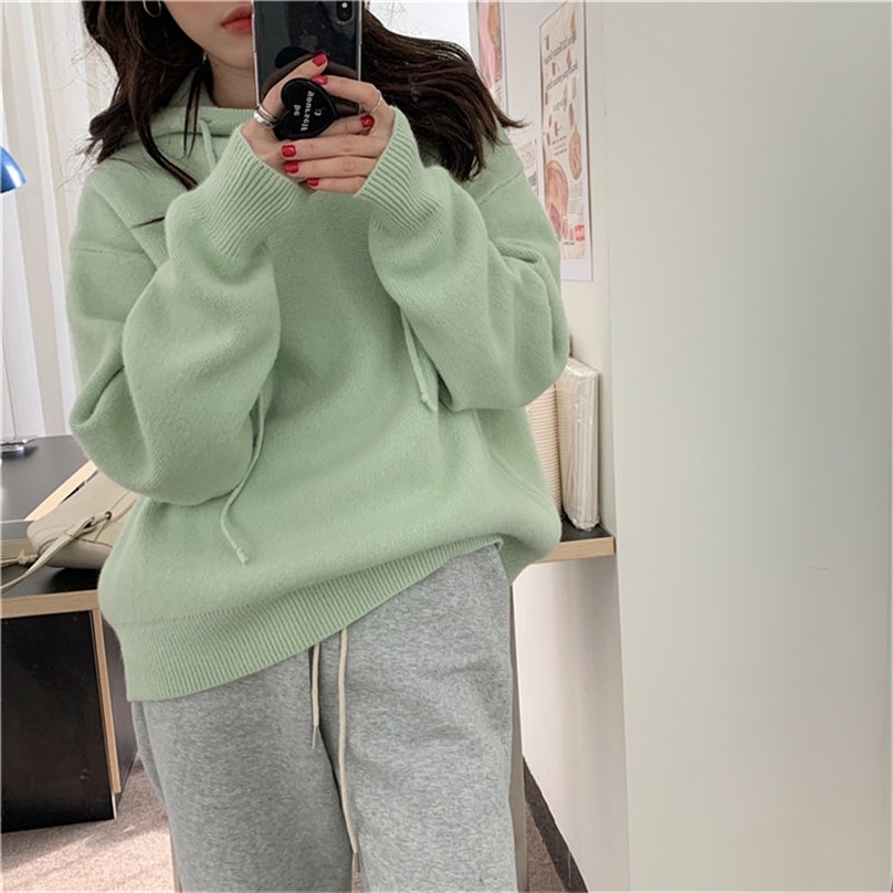 

Women Hooded Knitwear Warm Streetwear Pullover Knitted Retro Loose Solid Elegant Chic Casual Tops Sweater 210525, White
