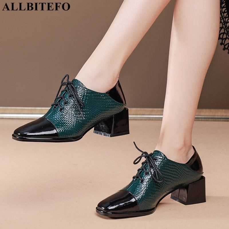 

ALLBITEFO square toe lace-up genuine leather high heels fashion leisure women pumps high heel shoes street walking basic shoes 210611, As picture