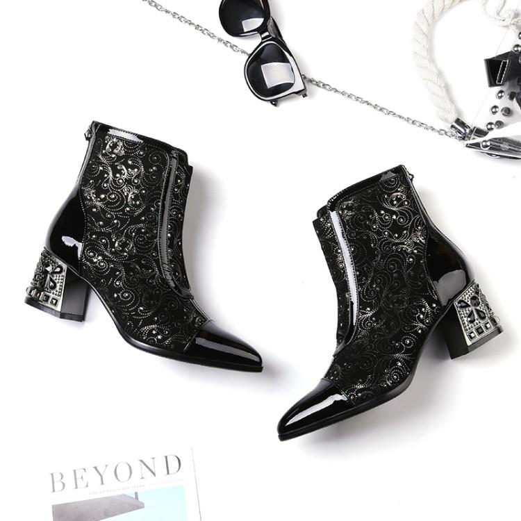 

Boots GPOKHDS 2021 Women Ankle Soft Cow Leather Zippers Winter Short Plush Crystal Heel Pointed Toe High Heels Female, Black