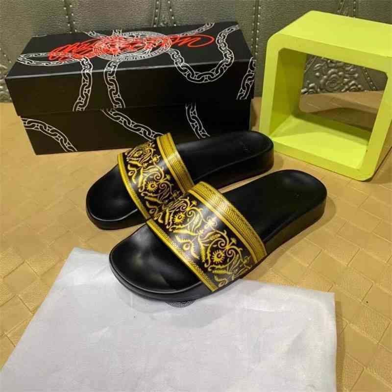 

New Fashion Men Slippers Leather 3d Printing for Home Beach Casual Flip Flops, Black
