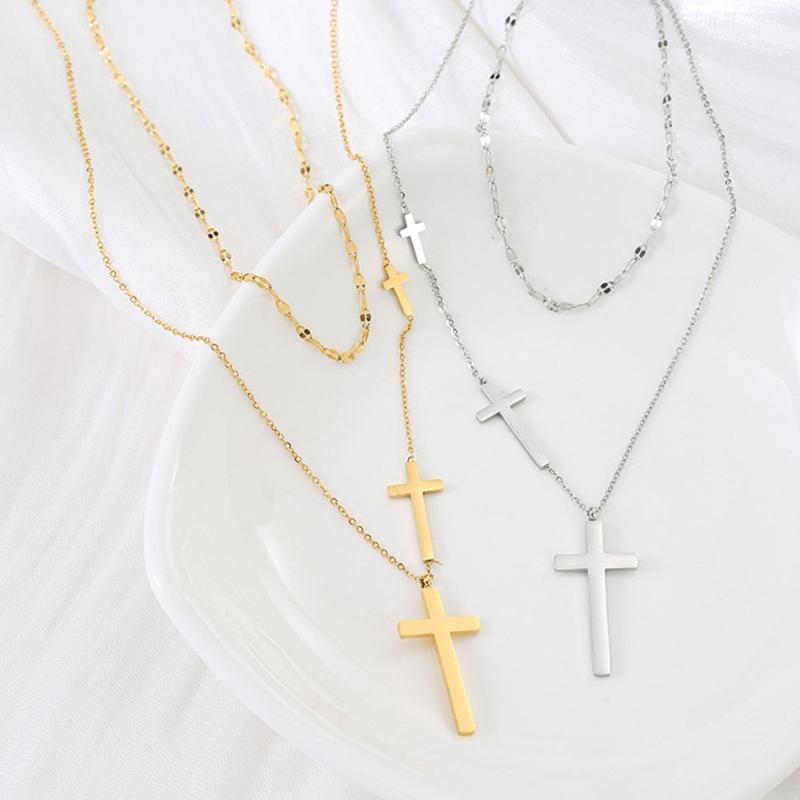 

Pendant Necklaces Steel Fashion Design Cross Simple Korean Style Jewelry Double Layer Choker Metal Clavicle Chain Women Necklace, Silver