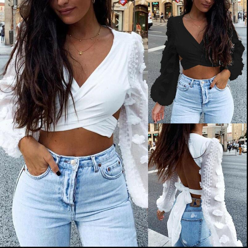 

deep v neck womens shirt clothes backless mesh ruffle long sleeve bandage casual shirts, White