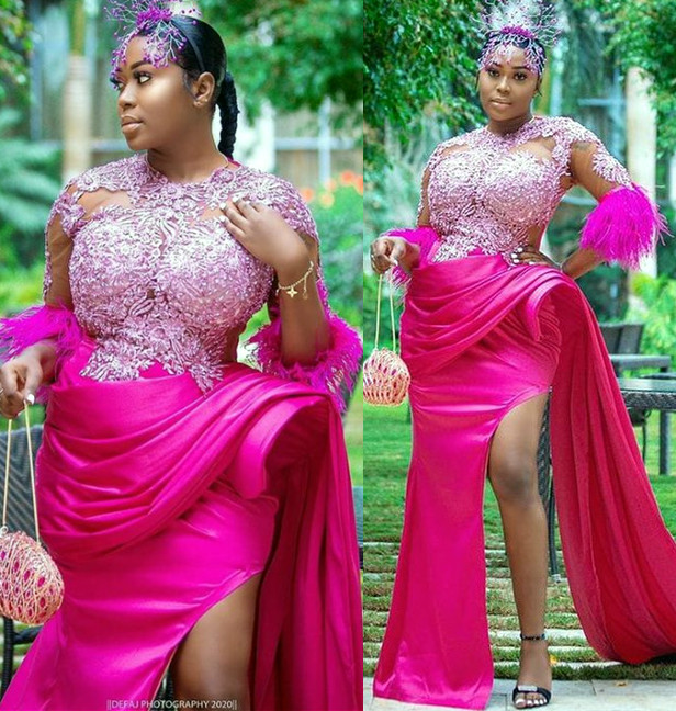 

2021 Plus Size Arabic Aso Ebi Sexy Lace Beaded Prom Dresses Sheer Neck High Split Evening Formal Party Second Reception Gowns Dress ZJ665, Hunter green