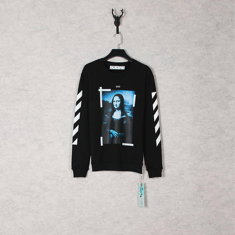 

Men' Hoodies Sweatshirts Trendy Off Mona Lisa Pattern Stamping Back Arrow Terry Round Neck Sweater, White