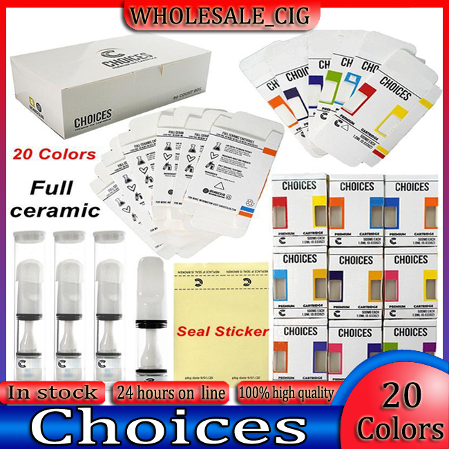 

Choices Vape Cartridges Full Ceramic Cart 510 Thread 20 Colors Vape 0.5ml Press On Seal Sticker Empty Oil Carts Hologram Packaging Cartridge