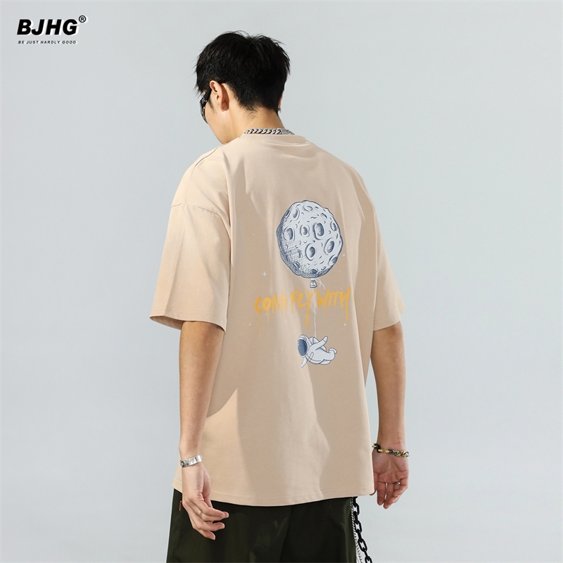 

Summer New Astronaut Lunar Alphabet Printed Short Sleeve T-shirt Men's Loose Casual Trend Ruffian Handsome Street Top, White;black