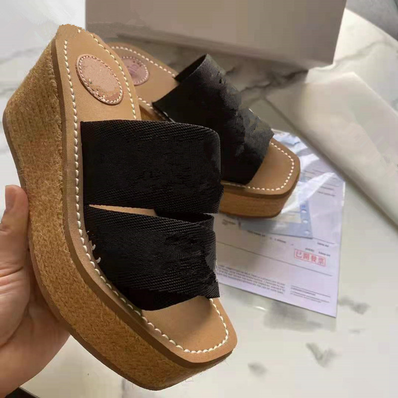 

New Women Wedges Slippers Fashion Ladies Letter Embroidery Weave High Heels Platform Shoes Woman Canvas Casual Party Pumps Mujer Sandals, Green