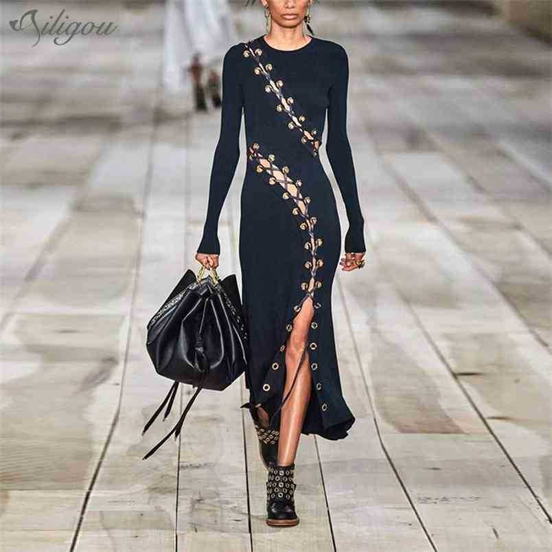 

Fashion Black Long Dress Elegant Lace-out Hollow Bodycon Vestidos Sexy Sleeve Crew Neck Celebrity Party 210525