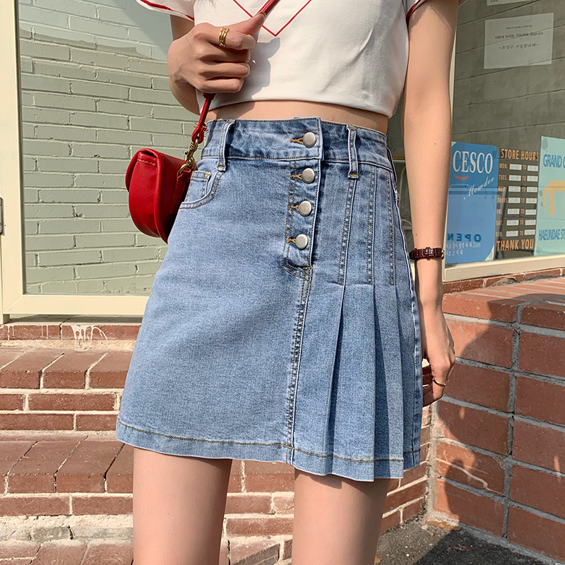 Skirts High Waist Pleated Denim Women's Pear Shaped Figure in Summer Wear Irregular A-shaped Skirt and Trousers to Prevent the of Light-image-728347480