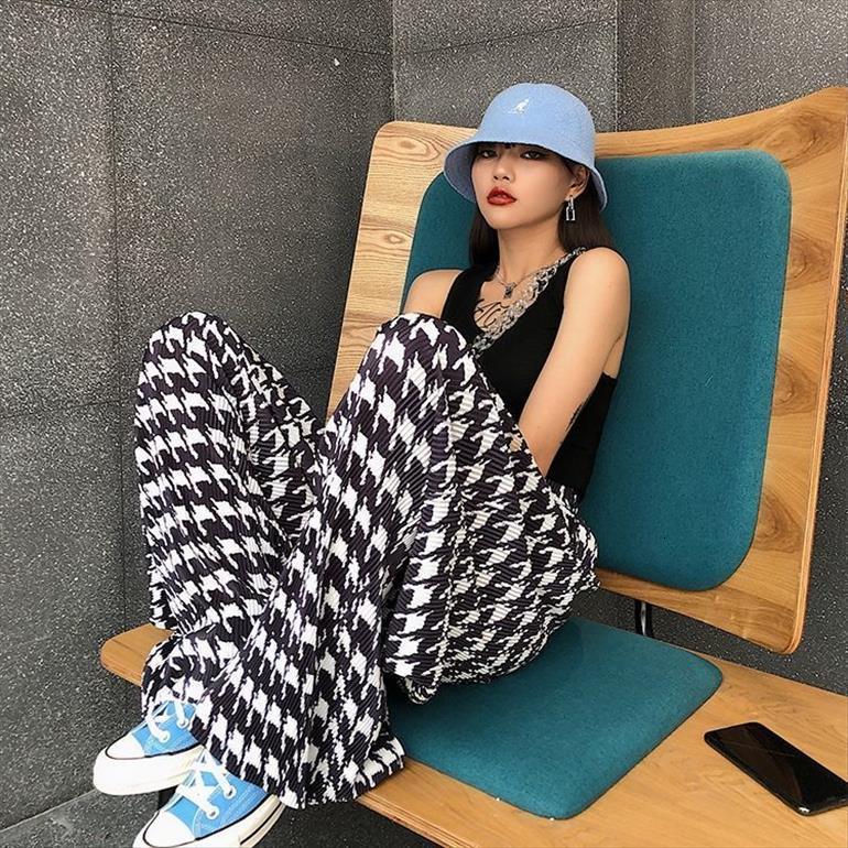 

fashion casual houndstoo loose women capris summer autumn streetwear wide leg trousers female holiday, Black;white