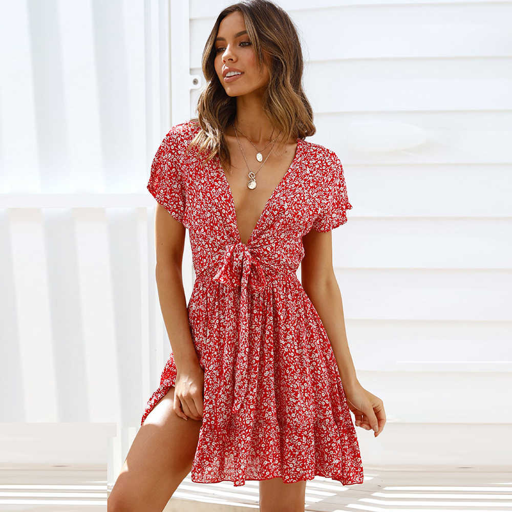 

Fashion Summer Women Dress Casual Floral Printed Short Sleeve Boho Deep V-Neck Bandage High Waist Mini Ruffle Sexy es 210526, Red