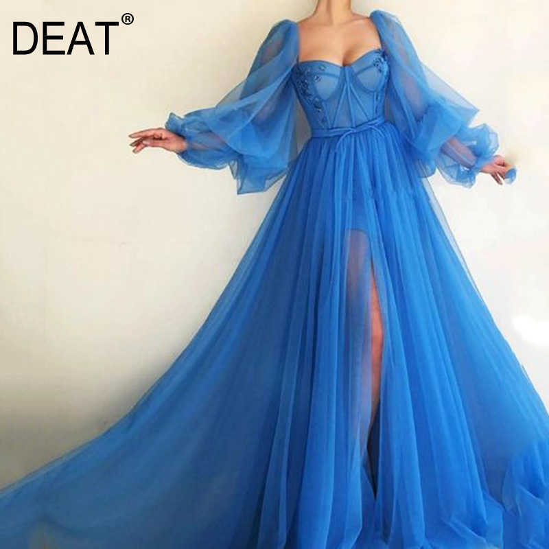 

DEAT Women Long Mesh Dress Slash Neck Puff Sleeve Arrivals Lady Sexy Fashion Spring Summer 11D90 210709, Light blue