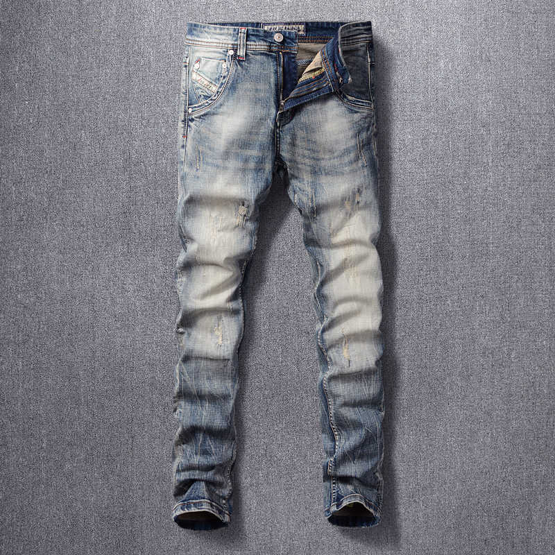 

Italian Style Fashion Men Jeans High Quality Retro Blue Slim Ripped Denim Cotton Long Trousers Classical Vintage Designer Pants SN5F, Retro yellow blue