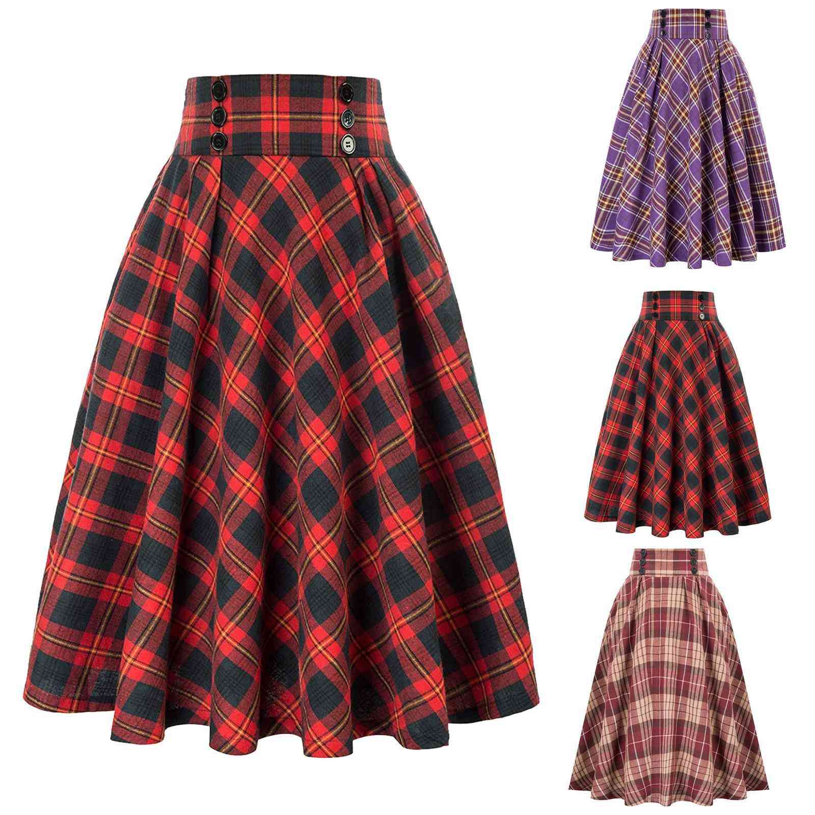 

Polyester Plaid Tutu Winter Women Skirts Fashion Casual Button Skirtwith Pockets Vintage High Waist Pleated, Black
