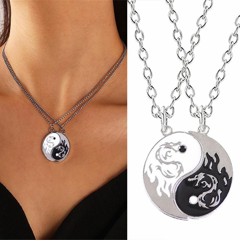 

Pendant Necklaces 2Pcs/Set Couple Tai Chi Dragon Yin Yang Men Women Simple Black White Alloy Taiji Charm Choker Gift