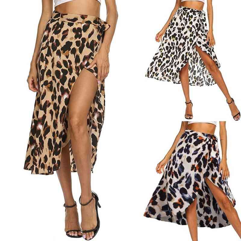 

Leopard Print Skirts Women High Waist Midi Bow Tie Summer Ladies Sexy Split Wrap Casual Beach Chiffon 210603, Yellow