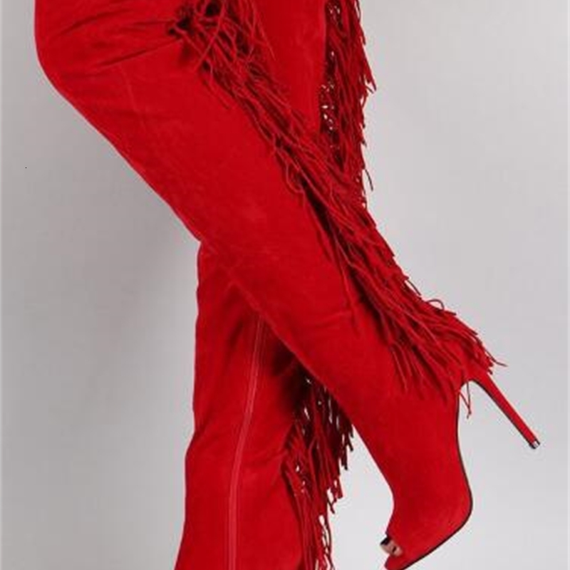 

boots peep woman black purple toe suede fringe back stiletto heels on the knee skinny boots lady long h7g3