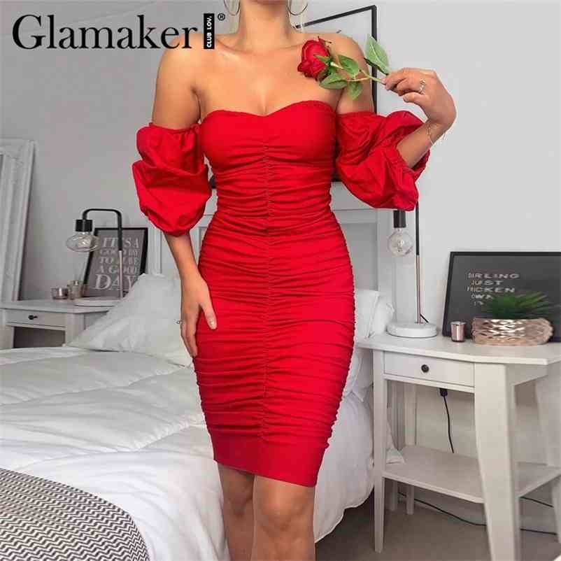 

Glamaker Red pleated sexy party dres strapless bodycon summer midi dress Elegant backless fashion chic ladies dress retro 210719