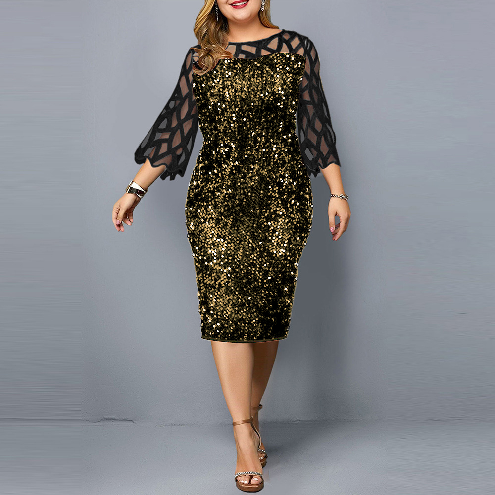 

Plus Size Dress for Women Autumn Elegant Sequin Evening Party Dress Ladies Long Sleeve Casual Women Clothing M, Green
