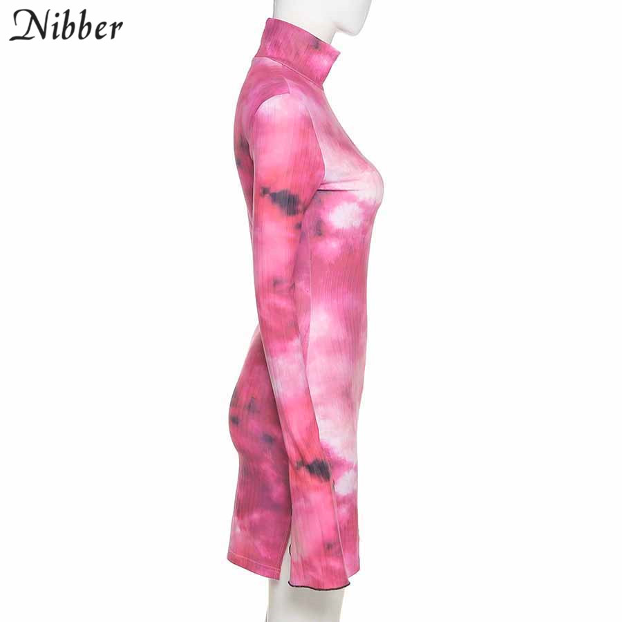 

2021nibber tie-dye printing petal sleeve half-high collar womens dresses casual elastic tight street colorful bodycon dresses, Black;gray