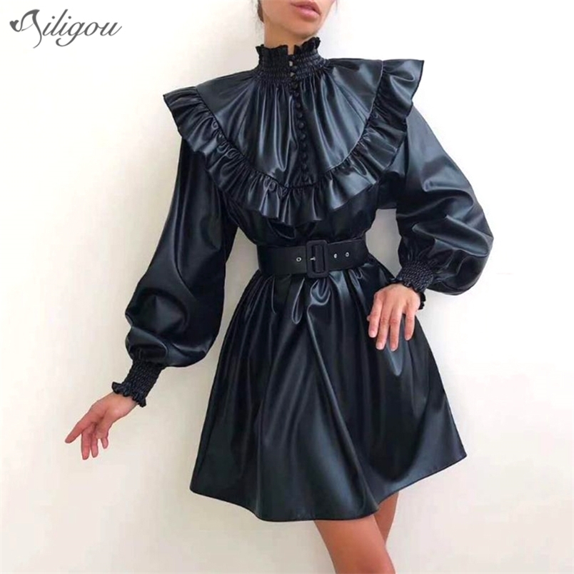 

Female Fashion A-Line Ruffled Stand-Up Collar Lantern Sleeves High Waist Belt Retro Pu Leather Mini Dress 210525, Black