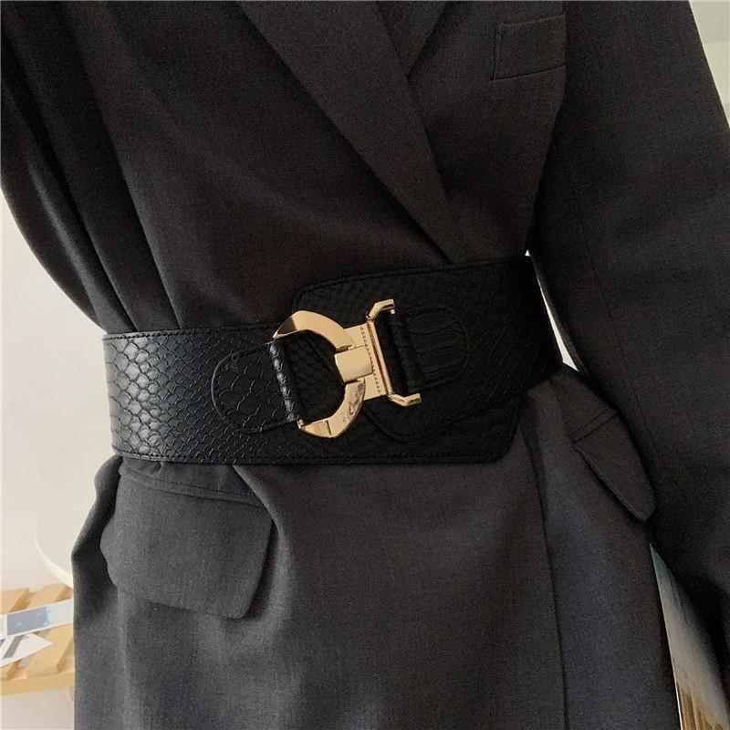 

Belts Women's Runway Fashion Elastic Black PU Leather Cummerbunds Female Dress Corsets Waistband Decoration Wide Belt R2551