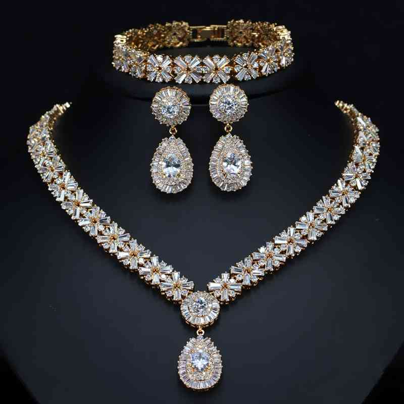 

CWWZircons Exclusive Dubai Gold Plate Jewellery Luxury Cubic Zirconia Necklace Earring Bracelet Party Jewelry Set for Women T053, Silver