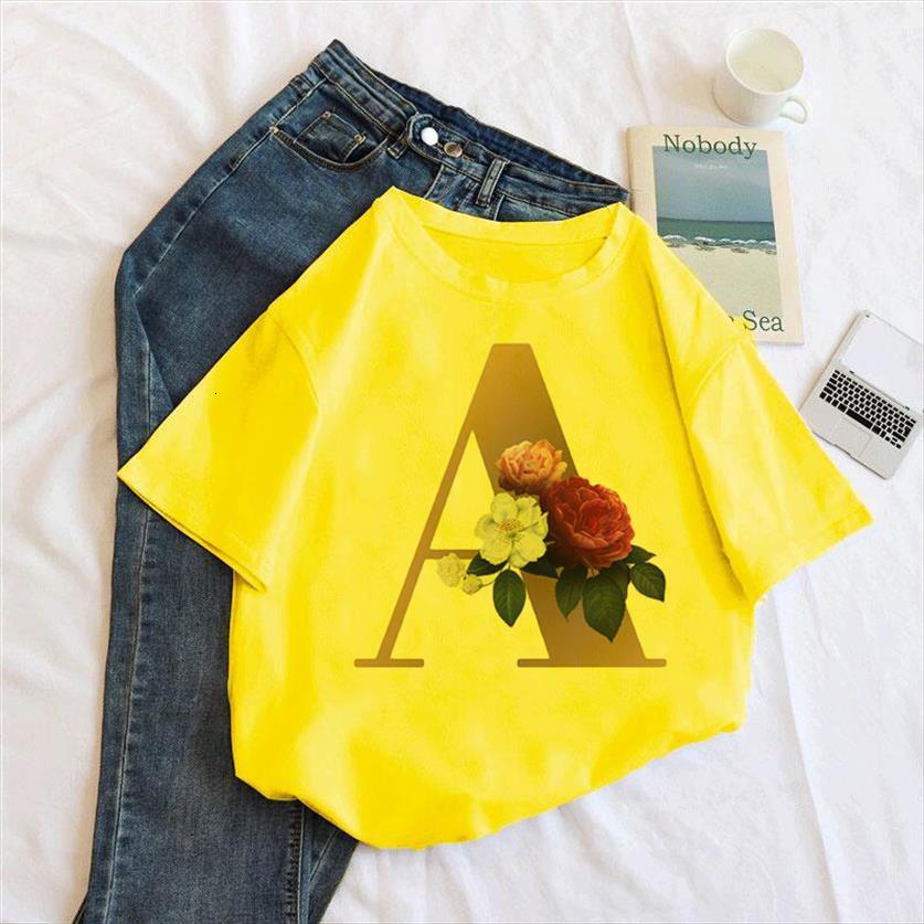 

watercolor english alphabet flowers print womens t shirt vogue femme funny women 90s hip hop punk hipster, White