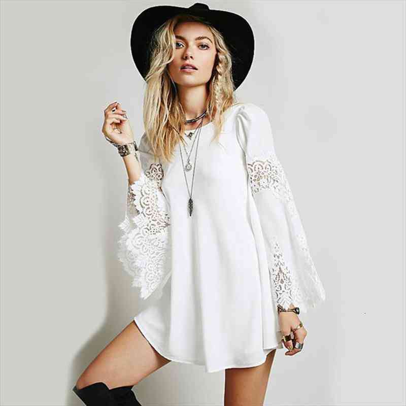 

Women Long Sleeved Chiffon Hollow Out Lace Dress Autumn Lace Crochet Stitching Mini Dress White Loose A-line Vestidos, Black;gray