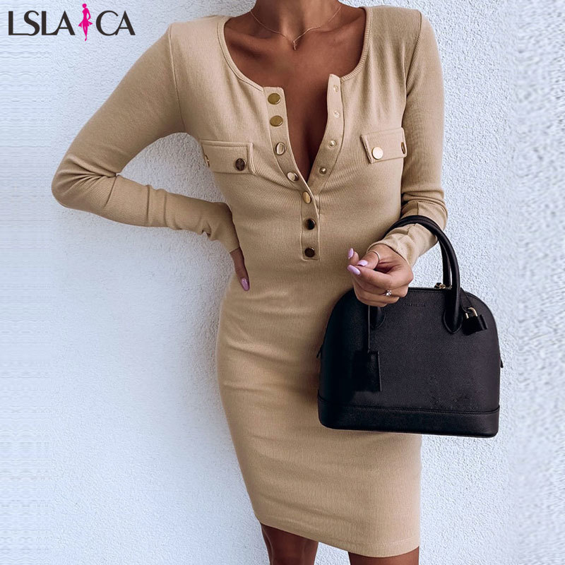 

Sexy Dresses Women Autumn Mini Solid long Sleeve Threshold split high waist Bodycon Party Casual Beach 210520, Khaki