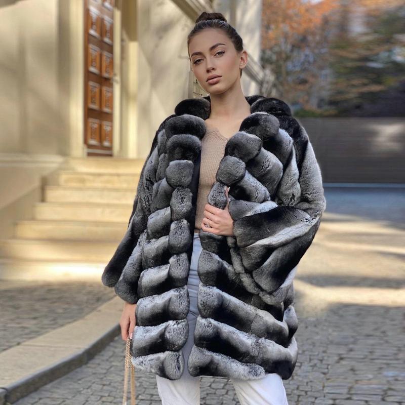 

Women's Fur & Faux Medium Length Natural Rex Coat With Turn-down Collar 2021 Trendy Winter Fashion Jackets, Black
