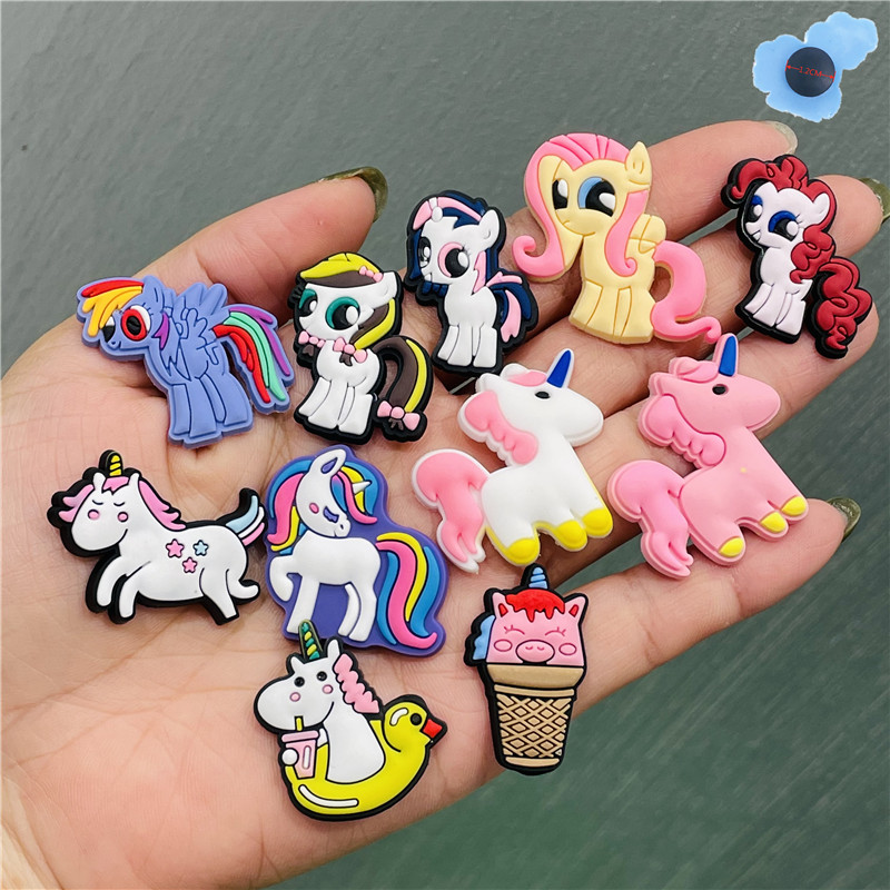 

11Pcs=1Set Unicorn Horse Animal Sandals PVC Shoe charms Buckles Decoration Accessories Plastic ornaments Jibbitz for Boys Croc shoes Fit Bracelet