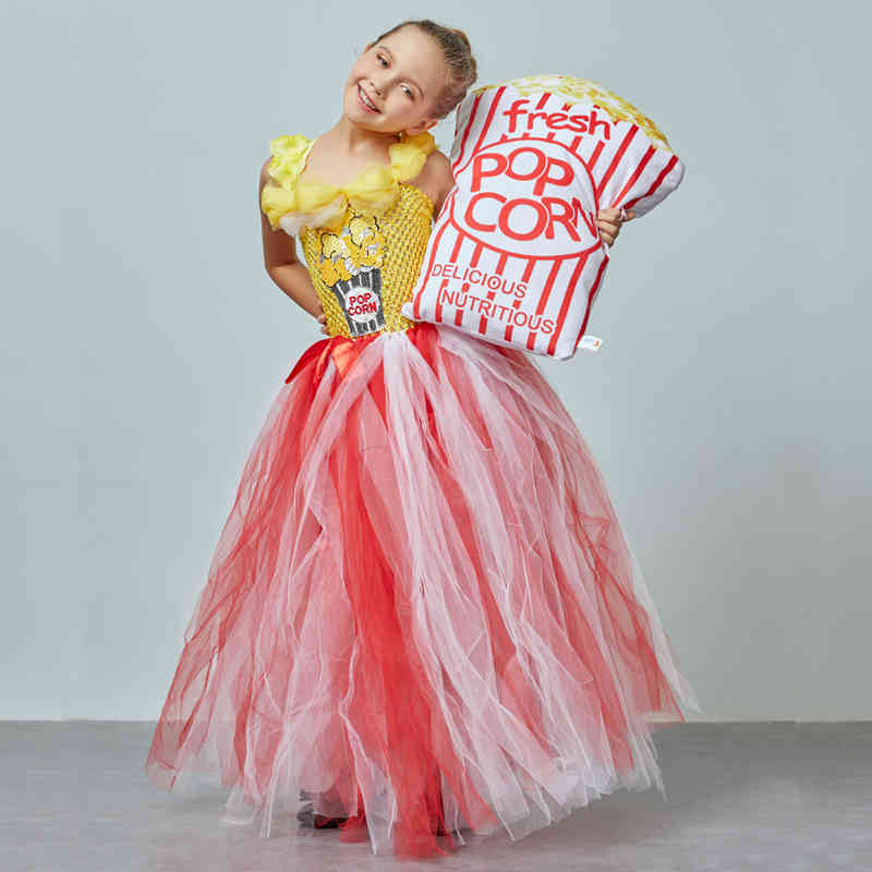 Circus Popcorn Girl Tutu Dress Carnival Birthday Party Wedding Flower Sequin Ball Gown Costume Kids Pop Corn Food Tulle Dress (5)