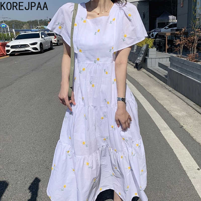 

Korejpaa Women Dress Summer Korean Age-reducing Fresh Square Neck Embroidered Flower Back Bow Tie Flying Sleeves Vestidos 210526, White