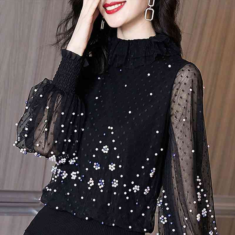 

Long Sleeve Black Dot Blouse Shirt Blouse Women Blusas Mujer De Moda Beading Stand Collar Tops Women Blouses Blusa E180, White