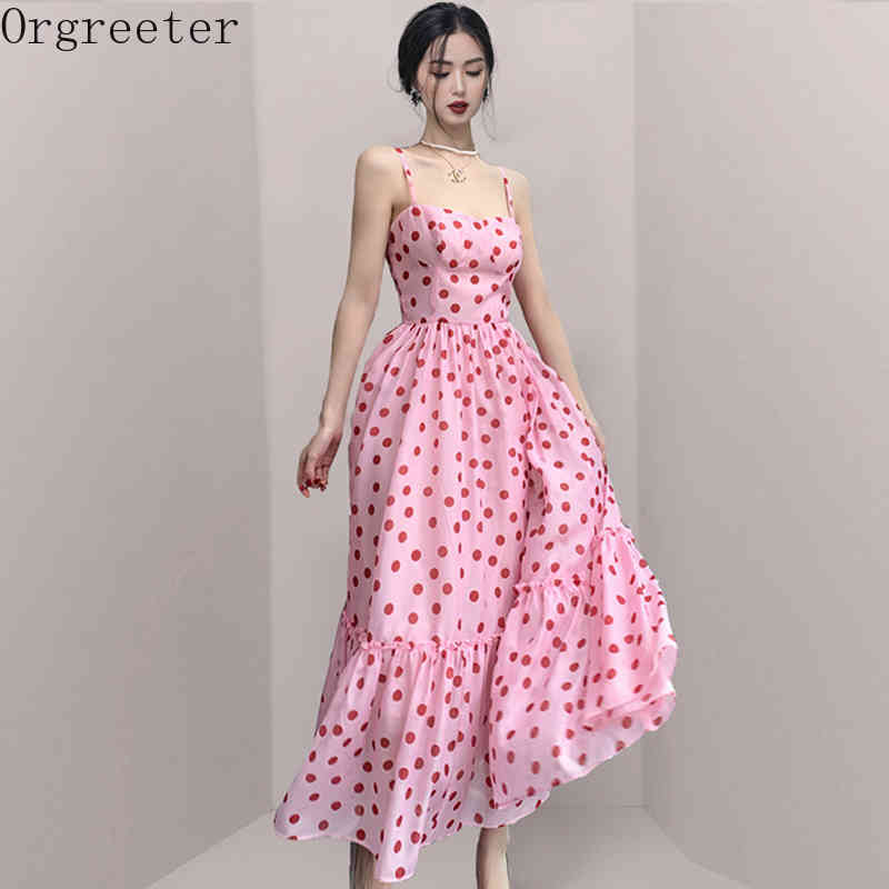 

Summer Sweet Pink Dot Spaghetti Straps Dress for Women Fashion Slim Big Swing Long Robe Femme Beach Sundress Vestidos 210525
