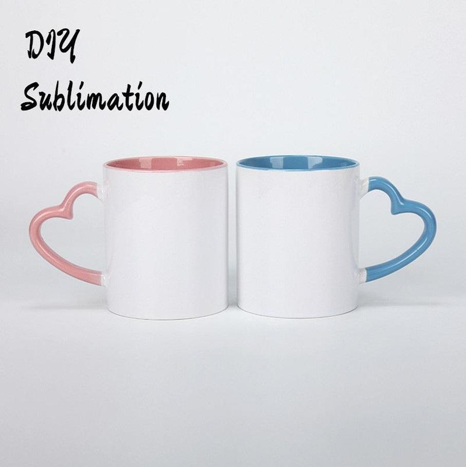 

New DIY Sublimation 11oz coffee Mug with Heart Handle Ceramic 320ml White Ceramics Cups Colorful Inner Coating Special Water Pottery FY4652, Customize