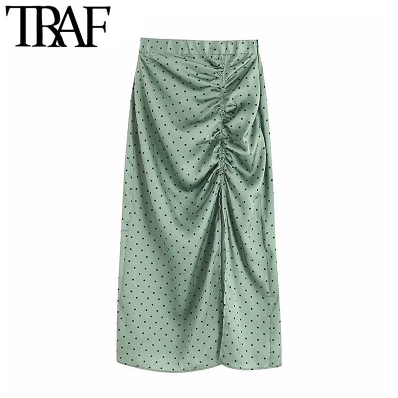 

TRAF Women Vintage Elegant Polka Dot Pleated Midi Skirt Fashion Elastic Waist Side Zipper Slit Female Skirts Chic Faldas Mujer 210721, As picture