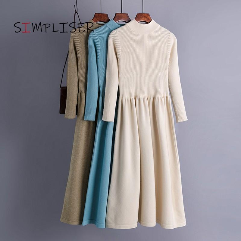 

Stretch Women Sweaters Dresses 2021 Autumn Winter Thick Bottoming Knit Dress Female Swing Knee Length Basic Vestidos Casual, Khaki