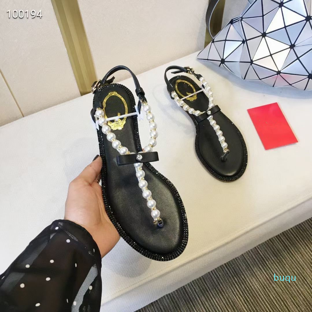 

Designer- Summer classic rc T-strap Bow Flat shoes sandals fashion luxury designer flip flops women sandal with pearls