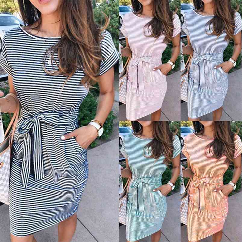 

Women Summer Pink Blue Striped Print Knee Dress Casual Round Neck Short Sleeve Pocket Belt Sashes es Vestidos Pencil 210701, Ts - 8044 is orange