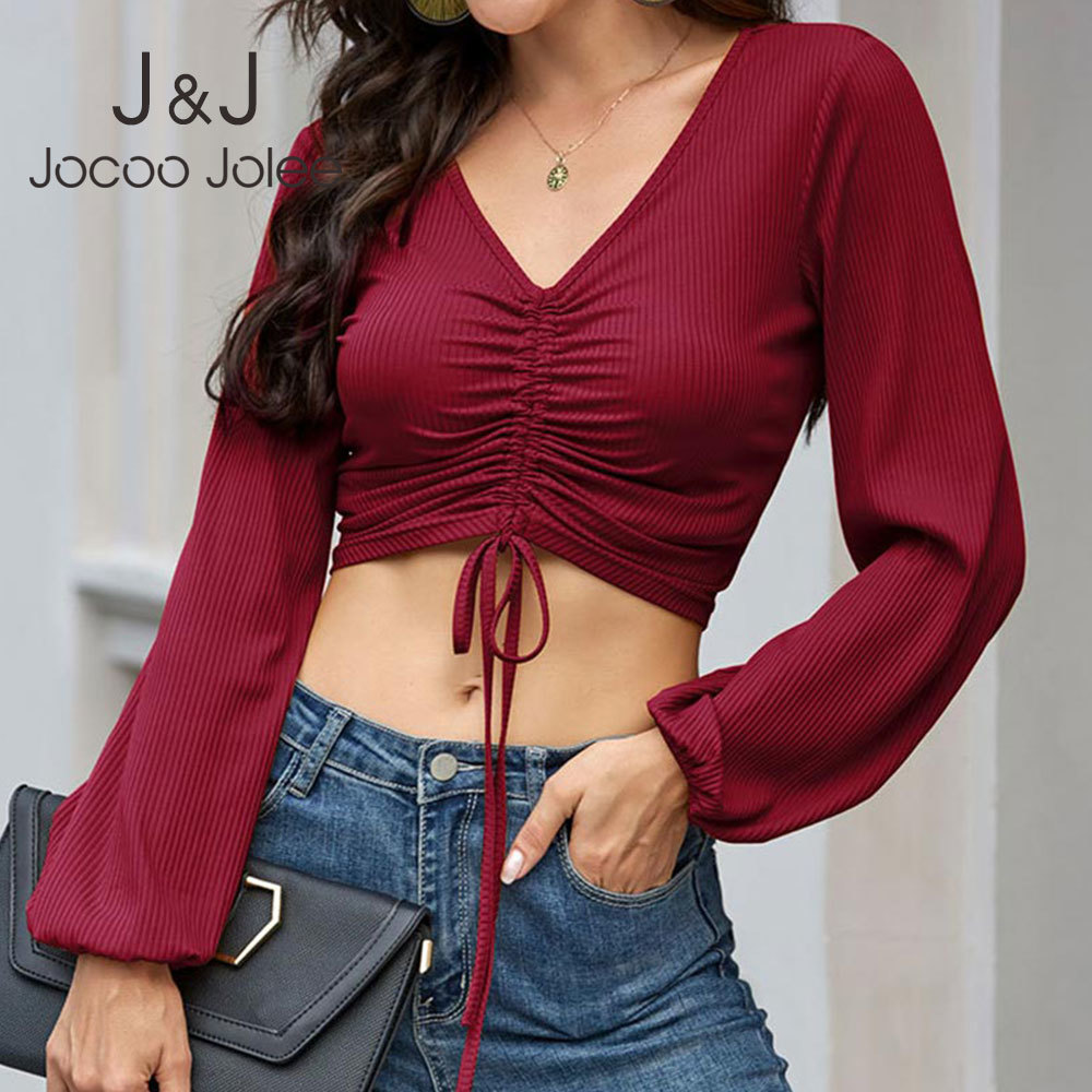 

Jocoo Jolee Elegant Solid Slim Cropped Tops Sexy Lantern Sleeve V Neck Front Drawstring Tshirt Casual Fit Tops Streetwear Shirts 210518, As photo