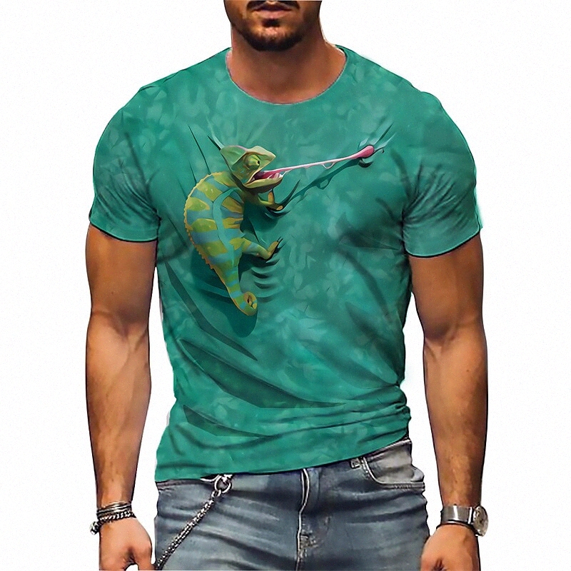 Men's T shirt 3D Print Graphic Lizard Crew Neck Daily Sports Print Short Sleeve Tops Casual Classic Designer Big and Tall Green U6Ln#