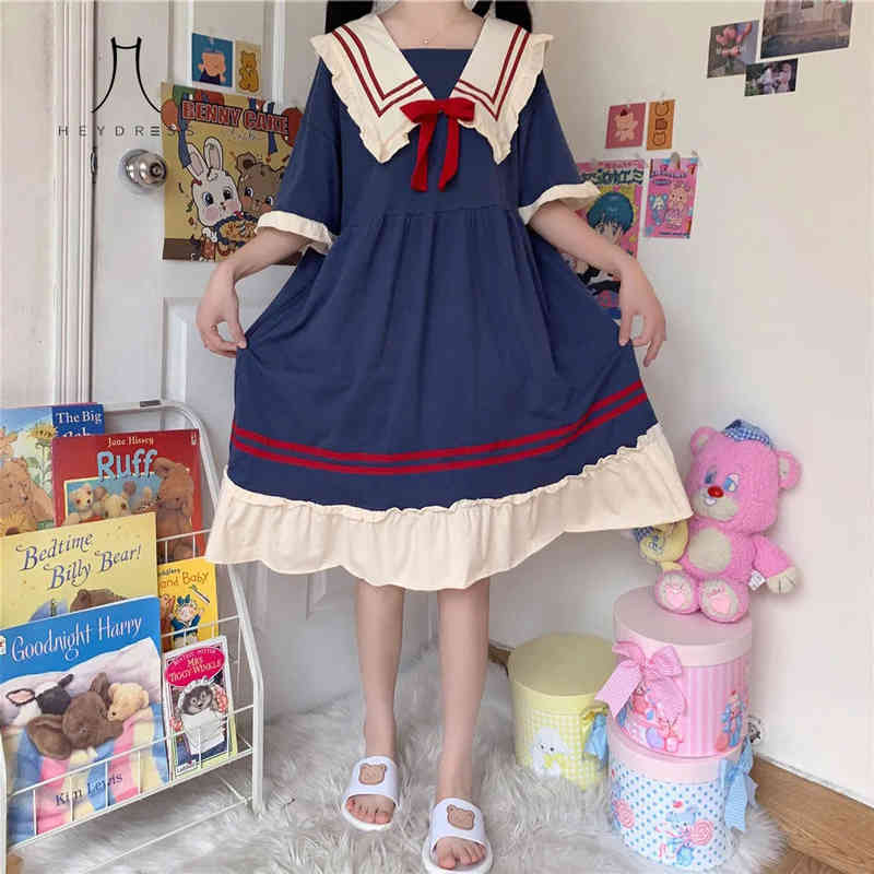 

Summer Kawaii Japanese Sailor Collar Dresses Sweet Navy Bow Girls Cute Dress Preppy Style Vintage Princess Vestidos 210517, Navy blue