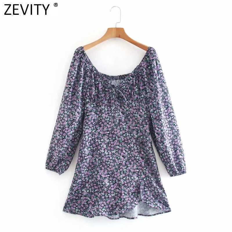 

Zevity Women Sexy Elastic V Neck Bow tied Floral Print Casual Mini Dress Femme Long Sleeve Hem Ruffles Vestido Cloth DS4697 210603, As pic ds4697ld