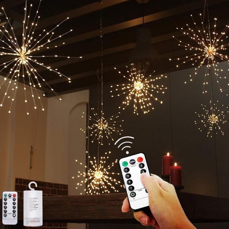 

Strings 2021 Hanging Starburst String Light Firework Copper Fairy Garland Christmas Decor LED Lights With Remote Outdoor Twinkle