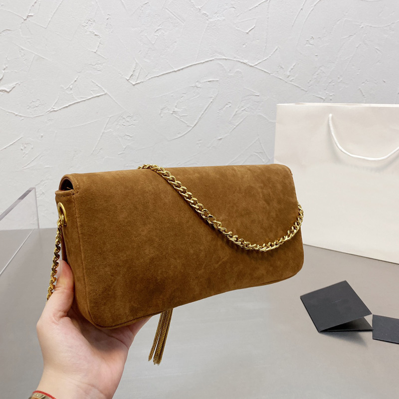 

Matte Brown Suede Messenger Bag soft leather women's Handbag Envelope Style Shoulder Bags Classic Letter Tassel Golden Chain Flap Purse