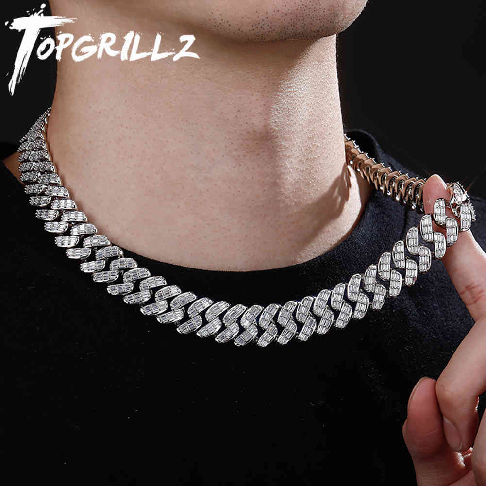 

TOPGRILLZ 16mm Luxury Baguette Prong Set Cuban Necklace in White Gold High Quality Micro Pave CZ Jewelry Hip Hop Gift For Men X0509