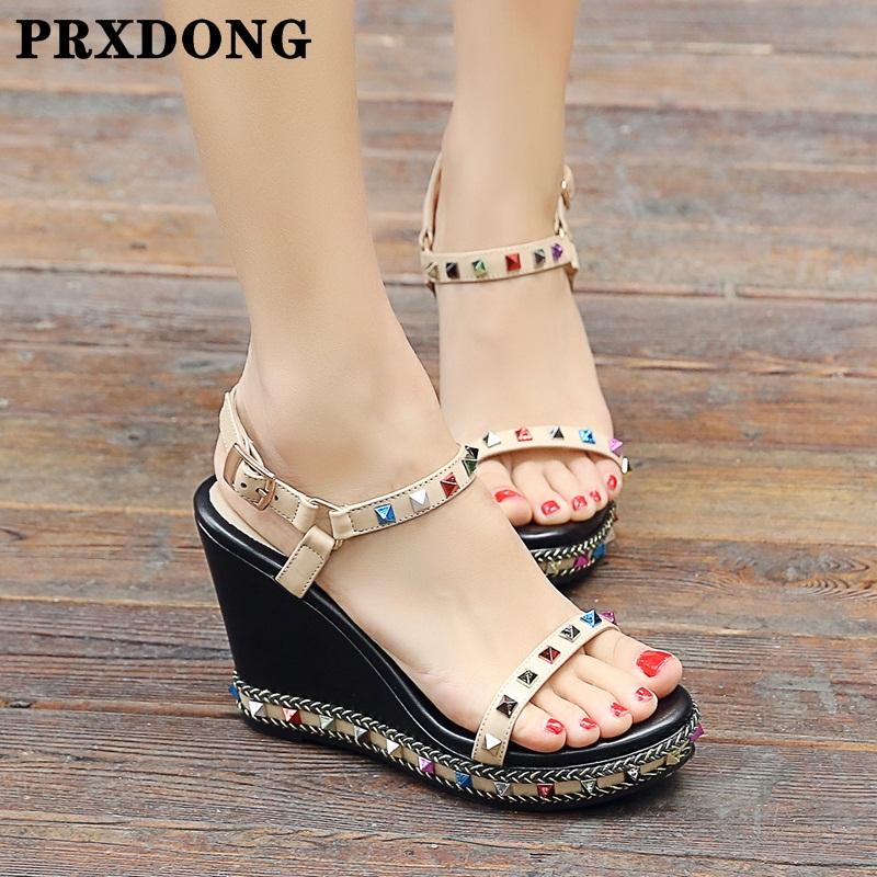 

Summer Women Sandals Wedges High Heels Platform Rivets Shoes Woman Dress Party Wedding Gladiator Black Apricot